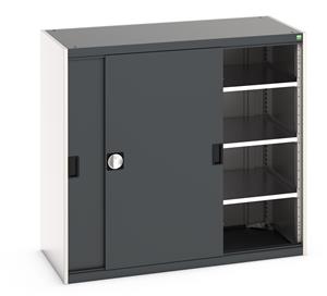 Bott cubio cupboard with lockable sliding doors 1200mm high x 1300mm wide x 650mm deep and supplied with 3 x 160kg capacity shelves.   Ideal for areas with limited space where standard outward opening doors would not be suitable.... Bott Cubio Sliding Solid Door Cupboards with shelves and drawers 1600mm high option available